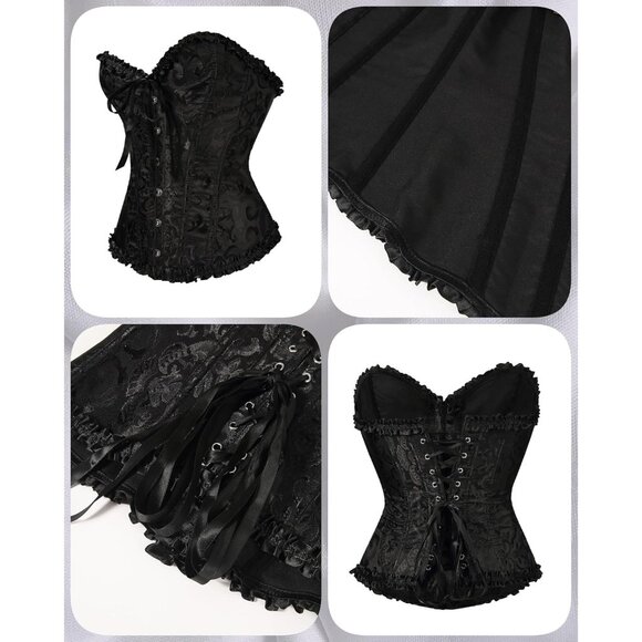 Women Black Lace Up Boned Overbust Corset Top Bustier Lingerie Bodysuit - Picture 5 of 6